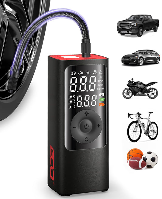 BDO Tire Inflator - Portable Air Compressor, 2.5X Faster 150PSI Cordless Tire Inflator, Tire Air Pump with Dual LCD Display, Auto-Shutoff, Air Compressor for Car, Motorcycle, Bike, Ball（Black）