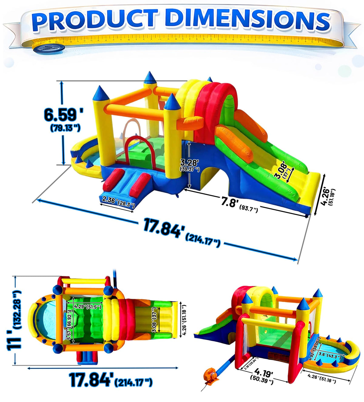 Hongcoral Inflatable Bounce House with Wide Slide, Splash Pool/Ballpit, Secret Crawl Tunnel & Soccer Goal, Multi-Activity Jumping Castle for Toddlers & Big Kids, Outdoor Backyard Playground