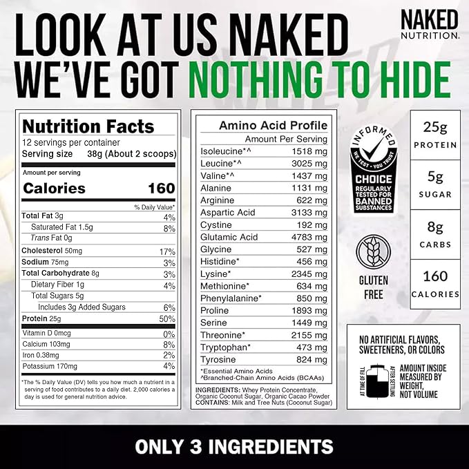 NAKED Chocolate Whey 1LB - All Natural Grass Fed Whey Protein Powder, Organic Cacao, and Coconut Sugar - No GMO, No Soy, and Gluten Free, Aid Growth and Recovery - 12 Servings