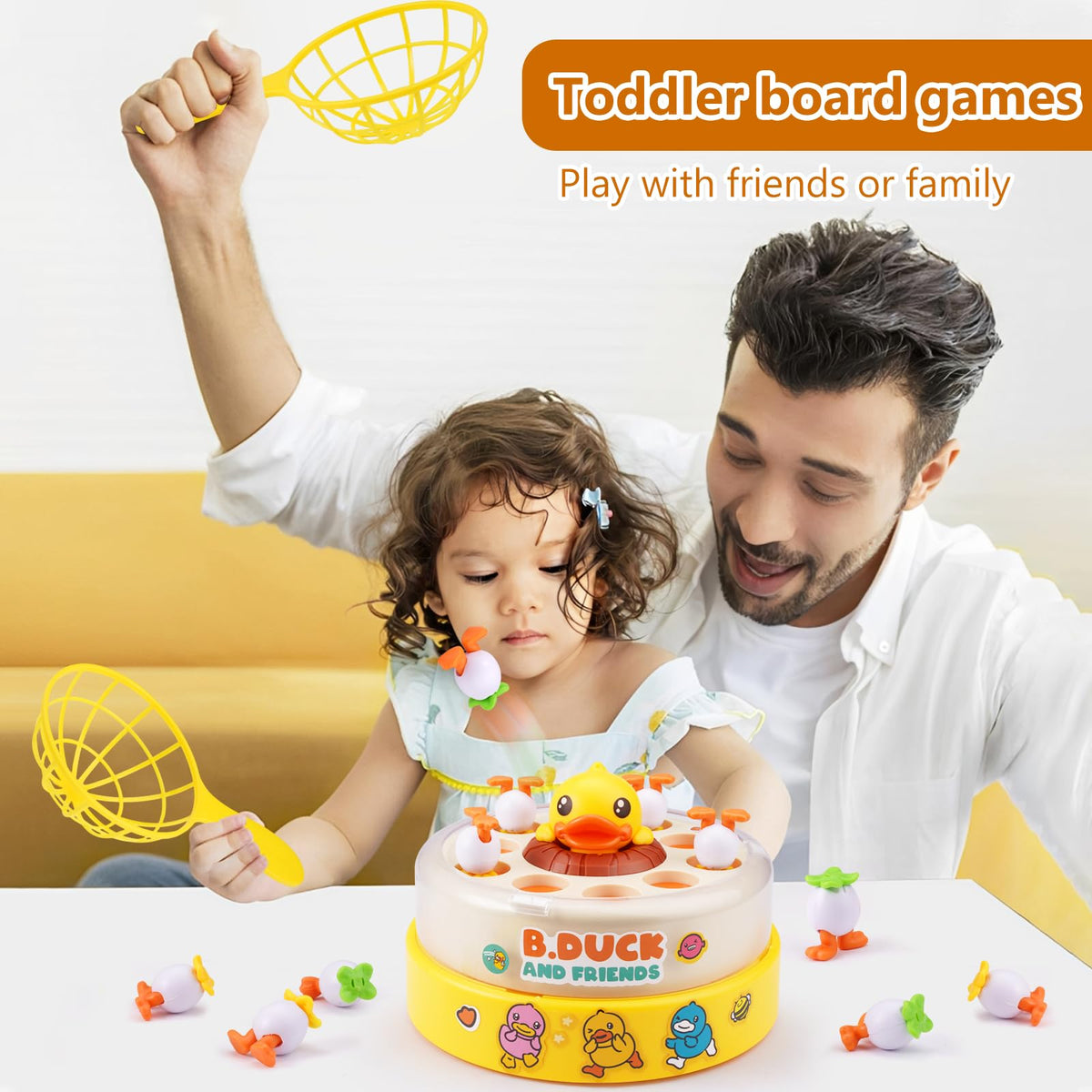 Zelbuck B.Duck Bounce Catch Game,Board Games,Fun Bounce & Catch Duck Toy, Interactive Family Game for 3-7 Year Olds, Party Game for Toddlers & Kids (Yellow)