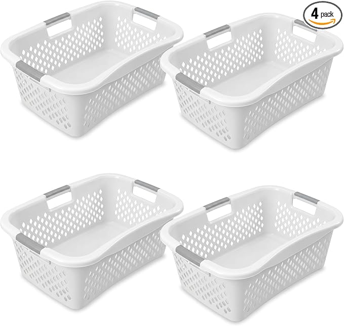 Home Logic 1.5 Bushel Plastic Laundry Basket Front Load, Large Laundry Hamper with Handles, Ventilated Clothes Organizer for Bedroom Bathroom Closet, 4 Pack, White