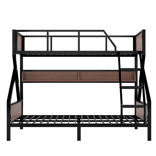 Bellemave Twin XL Over Queen Size Bunk Bed with Storage Shelves and LED Lights,Heavy Duty Adult Bunk Beds with Angled Ladder,Metal Queen Bunk Bed,Black