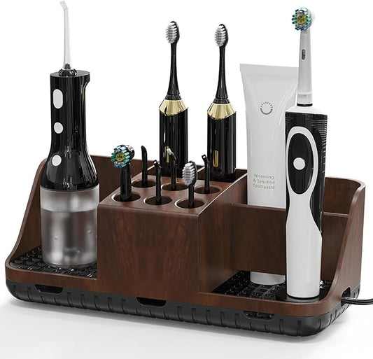 Boperzi Bathroom Counter Organizer for Vanity & Sink Storage: Detachable Electric Toothbrush and Toothpaste Holder, Water Flosser Holder, Bathroom Decor and Accessories Organization Set(Walnut Black)