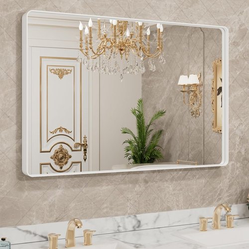 LOAAO Bathroom Mirror - 40x32 Inch White Metal Framed Vanity Mirror | Large Rounded Rectangle, Anti-Rust, Tempered Glass