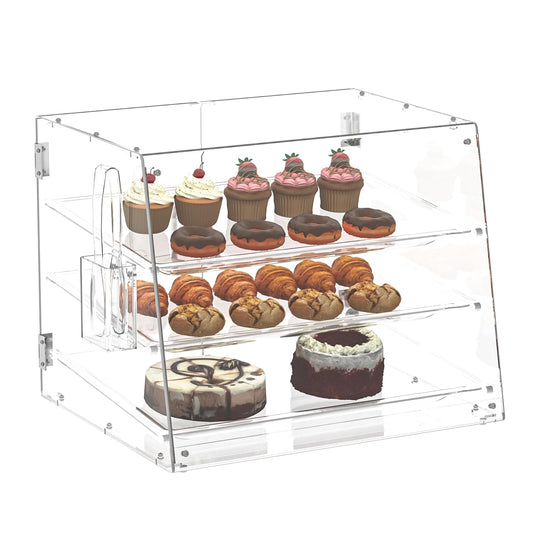 2PCS 20.9”W x 17.3”D x 16.7”H ,3-Tray Bakery Display Case, Acrylic Clear Display Case Countertop for Bread Pastry Dessert Food Cookie Display, Display Cabinet Box for Baking Enthusiasts