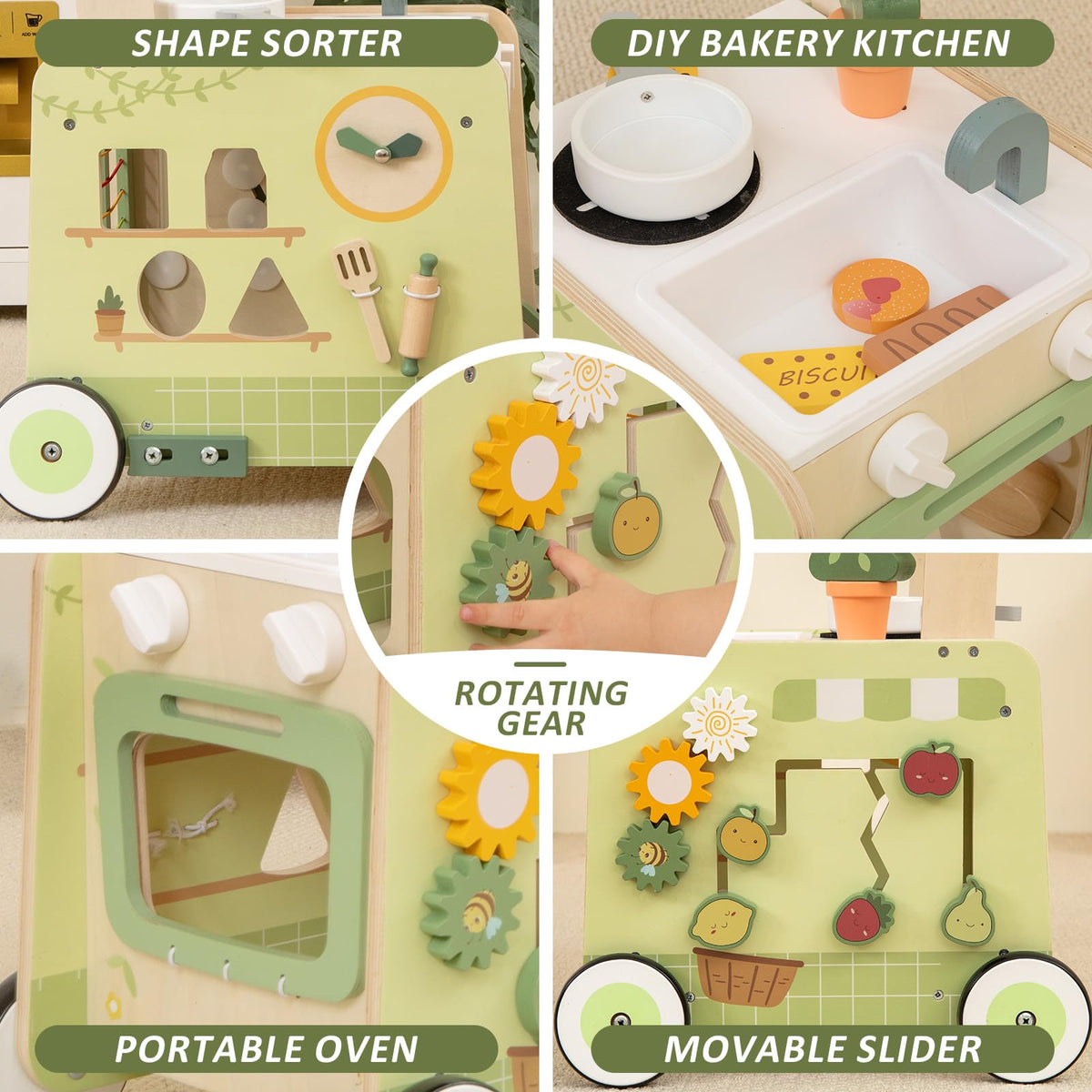 Baby Push Walker -Wooden Push Walker Montessori Toy- Toddler Learning Activity Walker for Girls Boys 1-3 Years - Pretend Kitchen Playset Ideal for Toddlers（Green ）