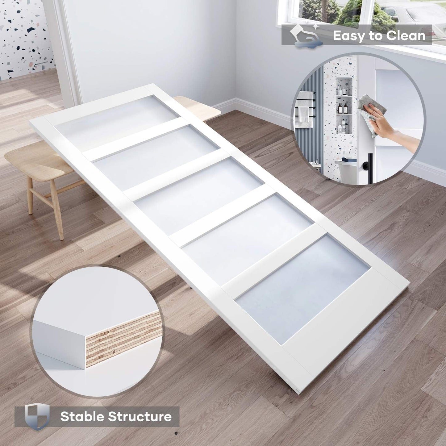 ROYMELO 36x96 Inch Glass Sliding Barn Door Slab and 6.6ft Hardware Kit Included, 5 Frosted Glass, LVL Wood Panel Covered with White Water-Proof Scratch-Proof PVC Surface, Simple DIY Assembly