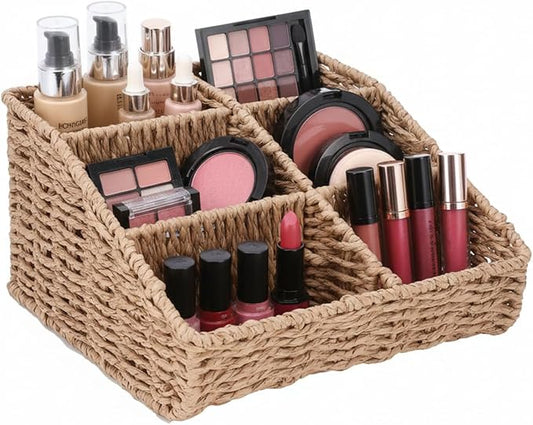 Makeup Organizer, Hand-woven Wicker Basket for Dresser Vanity and Bathroom Countertop, 6 Compartment Skincare Organizer Cosmetic Display Case, Beauty Holder for Lipstick Brush Eyeshadow Palette