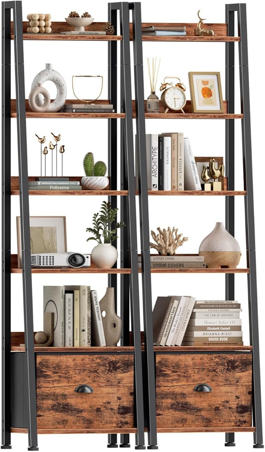 Furologee Bookshelf Set of 2, 6-Tier Ladder Shelf, Ladder Bookshelf with Drawer, Set of 2 Bookshelves, Metal Storage Shelf for Living Room, Home Office, Bedroom, Balcony,Kitchen, Rustic Brown