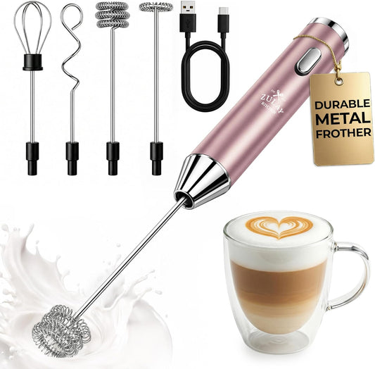 Zulay Kitchen Rechargeable Milk Frother - Handheld Electric Drink Mixer with 3 Whisk Attachments | USB-C Charging, Lasts 6 Months