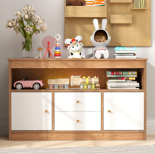 Costzon Toy Storage Organizer, Wooden Kids Toy Cabinet w/ 2 Drawers, 2 Cabinets & Open Shelf, Toy Organizers and Storage for Playroom, Bedroom, Nursery (Natural)