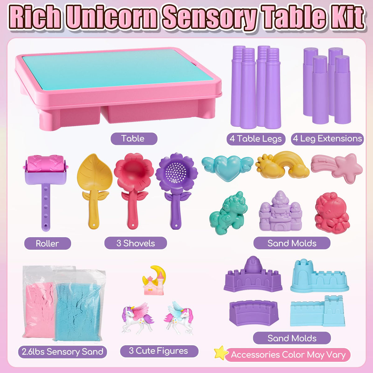 Lehoo Castle Unicorn Sensory Table with Sand, Indoor Outdoor Sand Table with Lid for Toddlers Kids, Upgraded Adjustable Legs, Red & Blue Play Sand Art Kit, Preschool Learning Activities Gifts