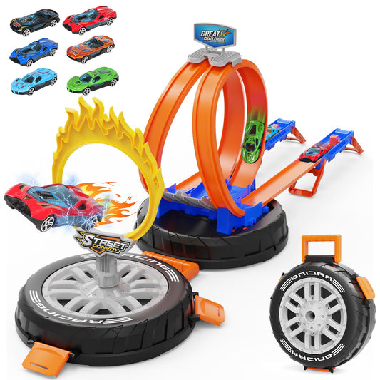 Toy Car Race Track Set for Kids Ages 4-8, Stunt Tire-Shaped Case Transforms into Race Course, 6 Cars in 1:64 Scale, 2 Ways to Play, Action Loop Cyclone Challenge & Speed Snap Track