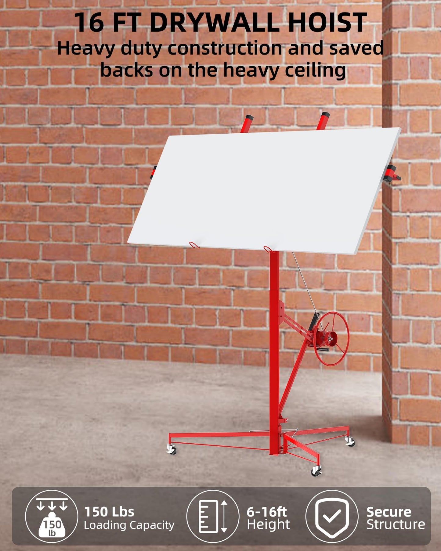 Drywall Lift 16 ft, Heavy-Duty 150 Lbs Drywall Rolling Lifter Panel, Sheetrock Hoist Lift Drywall Jack Lift for Ceiling, Drywall Panel Hoist with 360°Adjustable Telescopic Arm &3 Lockable Wheels, Red