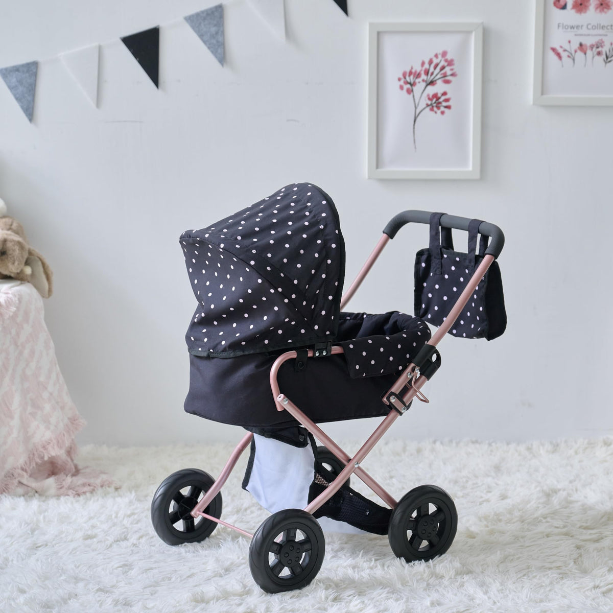 Olivia's Little World Pin Up Foldable Baby Doll Stroller- Classic Style Doll Pram with Retractable Canopy and Storage Basket, Fits 15''-18'' Dolls, Pretend Play Toy for Girls Ages 3-6