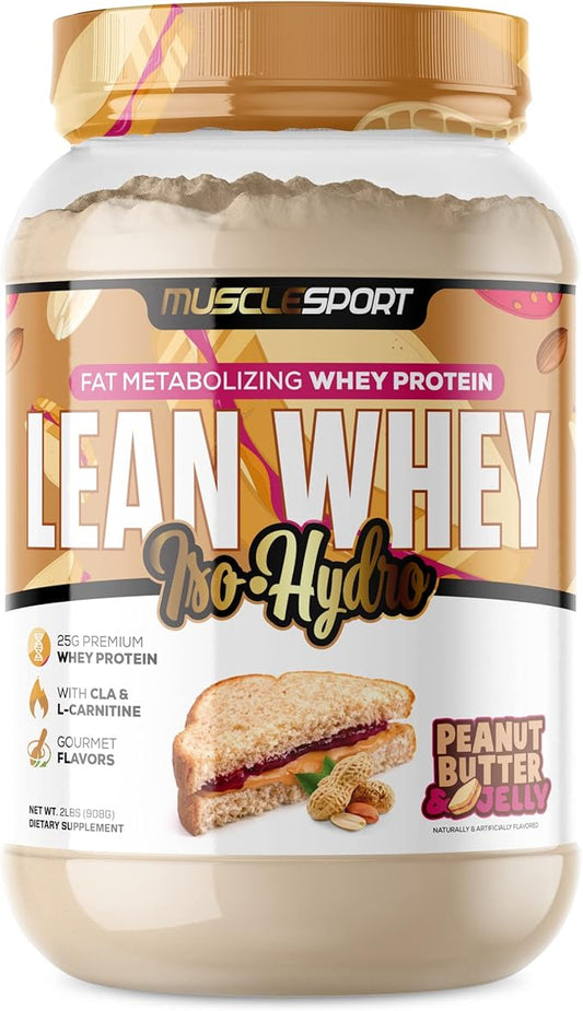 Musclesport Lean Whey Revolution?? Whey Protein Isolate with Hydrolyzed Whey - Low Calorie, Low Carb, Low Fat, Incredible Flavors - 25g Protein per Scoop (2LB, Peanut Butter & Jelly)
