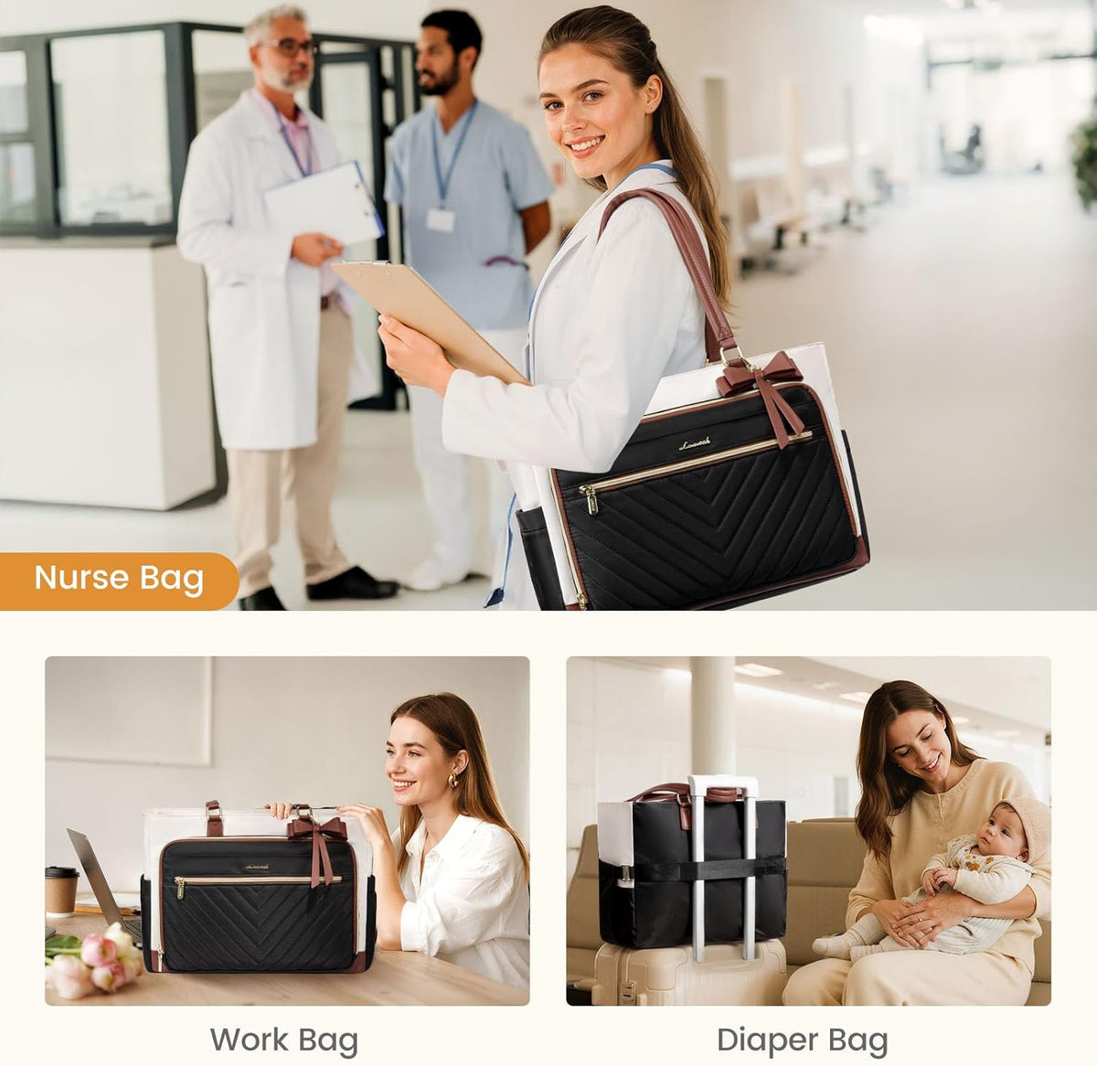 LOVEVOOK 15.6 Inch Laptop Tote Bag for Women, Work Bag for Nurse with Large Cup Holder, Nurse Diaper Bag for Travel