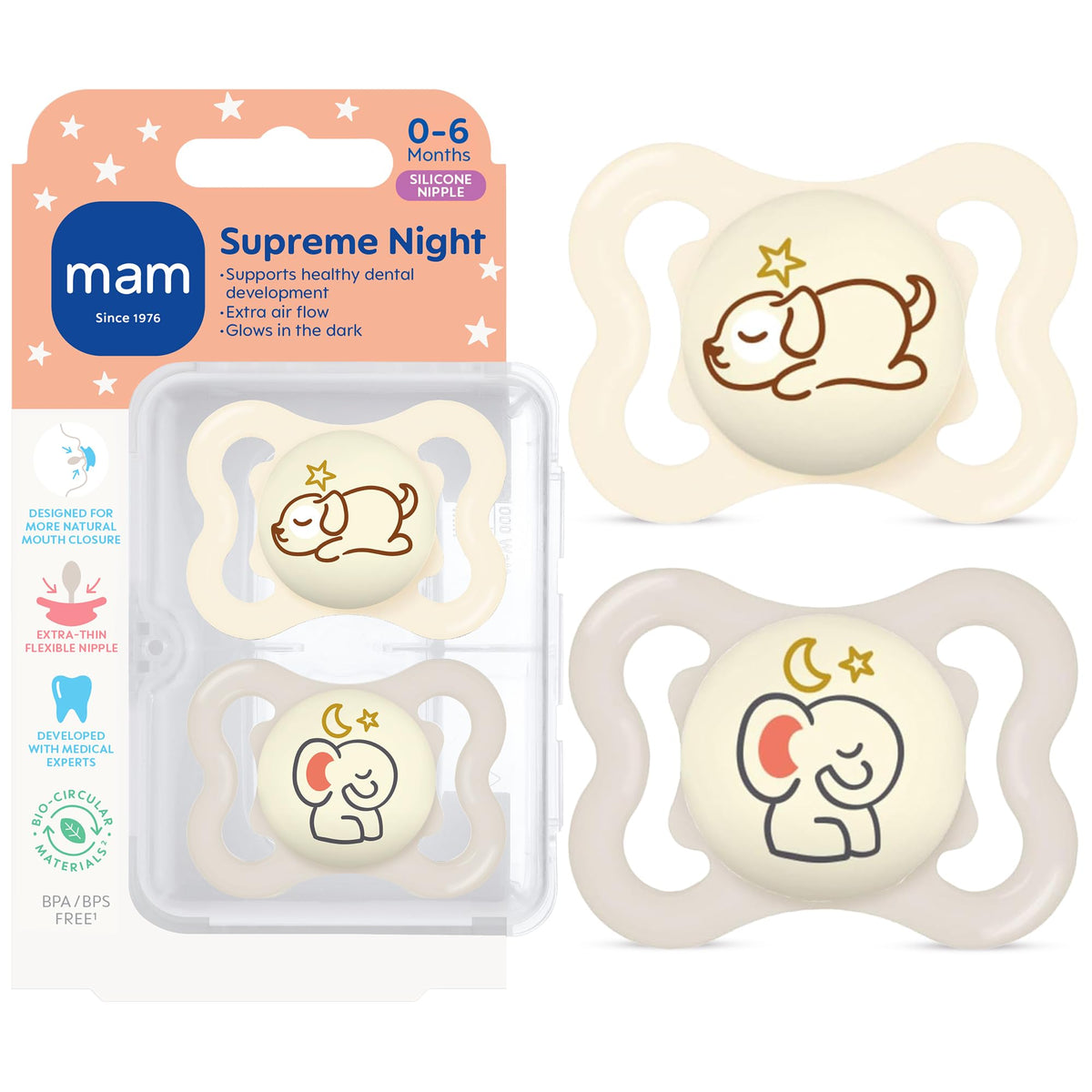 MAM Supreme Baby Pacifier, Newborns 0-6 Months, Developed with Orthodontists, Extra Air Flow for Sensitive Skin, Glows in The Dark, BPA-Free Silicone, Sterilizer Case, Pack of 2, Made in Europe