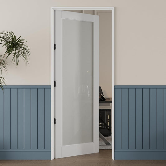 24'' x 80'' French Interior Tempered Frosted Glass Door Slab for Pantry Doors, French & Pocket Doors, Solid Core Interior Door w/o Hardware Kit, Prehung Jamb or Borehole, White