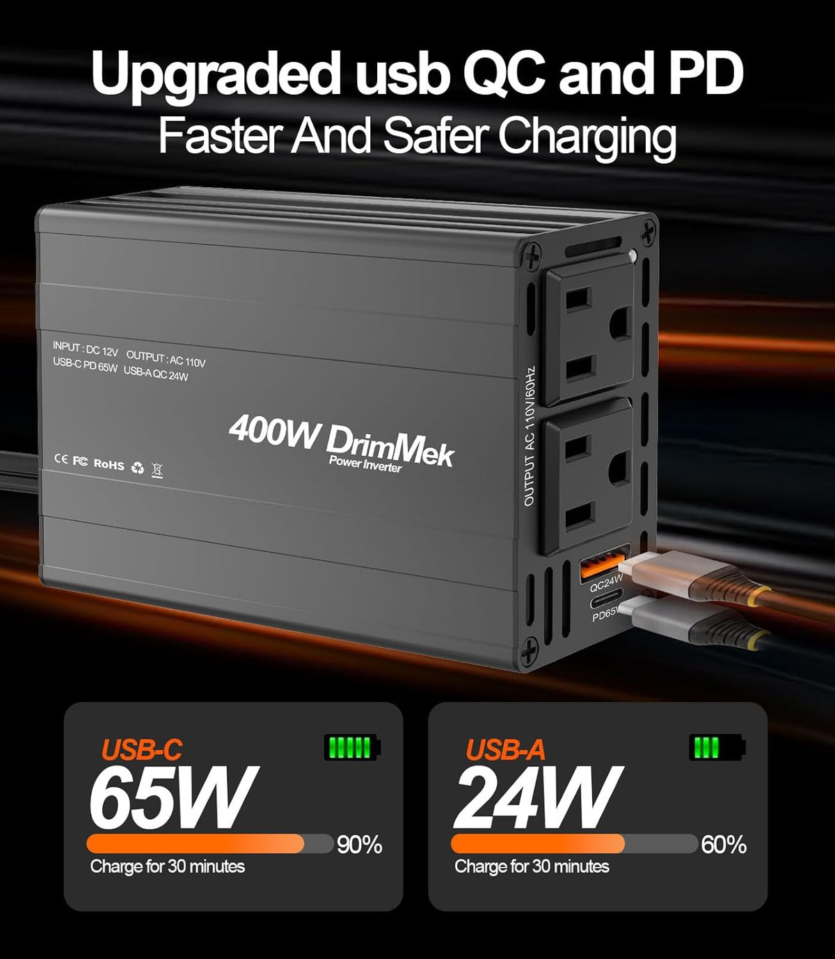 DrimMek 400W 12V 110V 65W 24W Car Power Inverter - Dual DC to AC Car Plug Adapter Outlets, Fast Charging USB C & Port