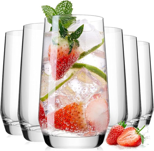 LUNA & MANTHA Drinking Water Glasses Set, Lead-Free Crystal Highball Glass, Tall Glass Cups for Cocktail Parties,Clear set of 6,16.2oz
