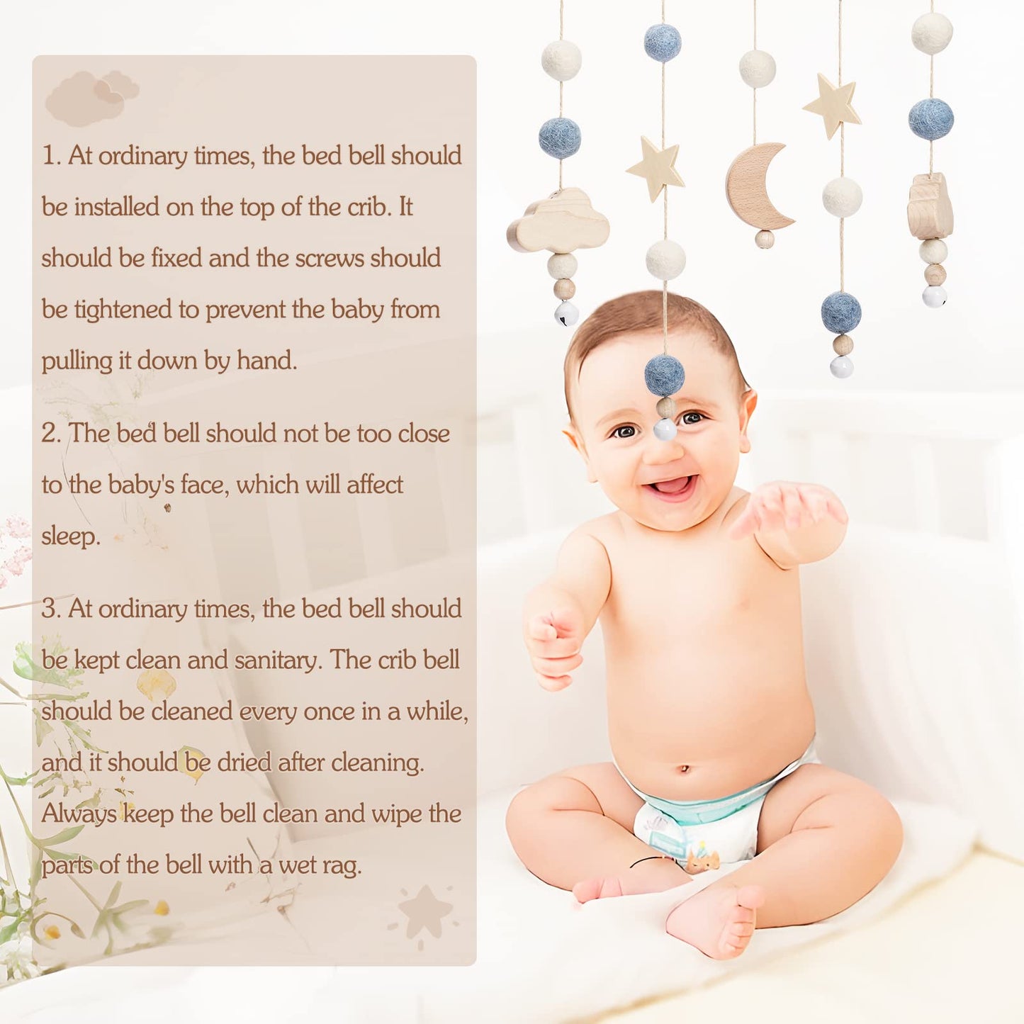 Boho Baby Crib Mobile Decor - Wooden Moon and Stars Nursery Mobiles with Cloud for Bassinet Starry Night Handmade Soft Felt Beads Hanging Wind Chime Toys Pendant for Infant Newborn Boy and Girl