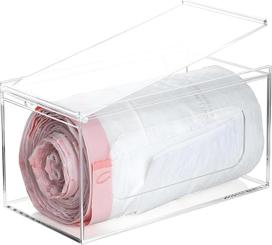 SEANADO Acrylic Trash Bag Dispenser, Wall Mount Kitchen Organizer Storage Box Holder for Garbage, Grocery, Plastic Bag Roll Container (Standard with Lid)