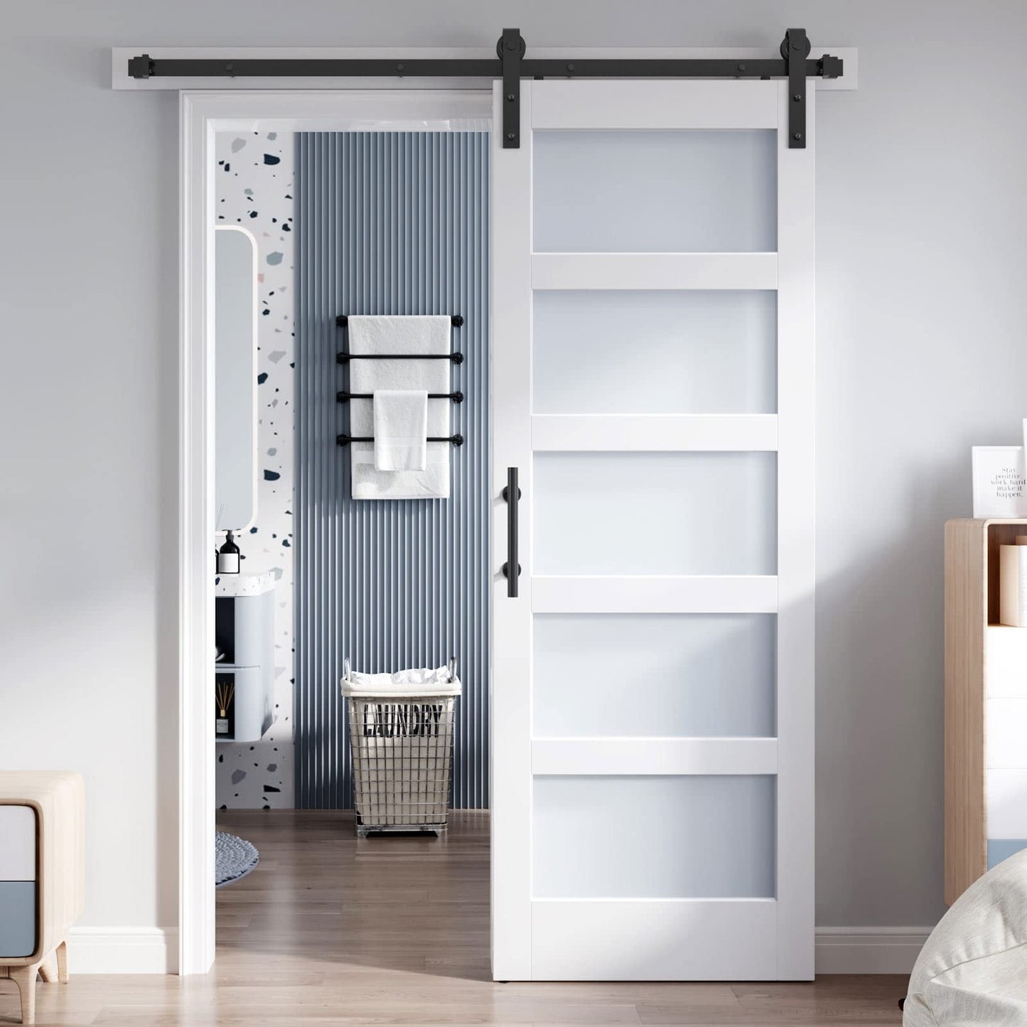 ROYMELO 30x80 Inch Glass Sliding Barn Door Slab and 5.5ft Hardware Kit Included, 5 Frosted Glass, LVL Wood Panel Covered with White Water-Proof Scratch-Proof PVC Surface, Simple DIY Assembly