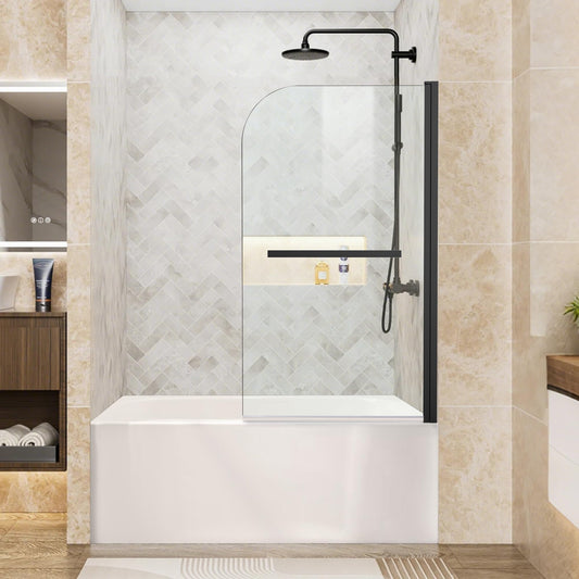 Bathtub Shower Door, 34" W x 58" H Hinged Bathtub Glass Door Semi-Frameless Bypass 1/4"(6mm) Tempered Glass Shower Door with Explosion-Proof Film Stainless Steel Matte Black