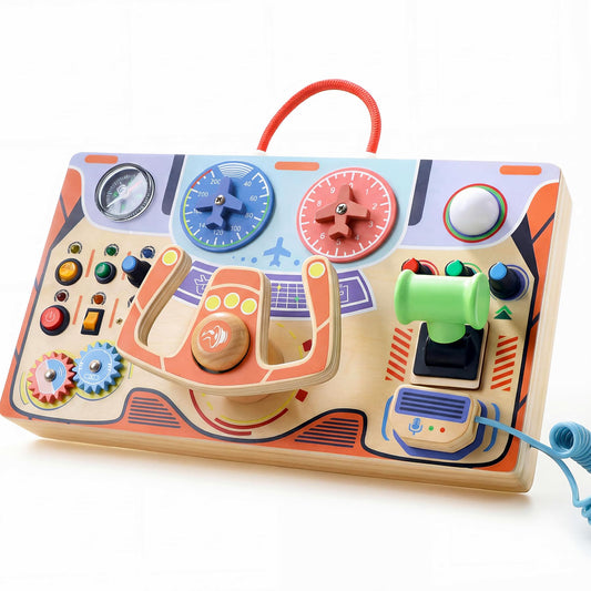 Teekdeer Montessori Busy Board for Toddlers 2-4,Wooden Sensory Steering Wheel Toys with LED Light Switch,Travel Toy Educational Fidget Activity Board for Boys and Girls Gift