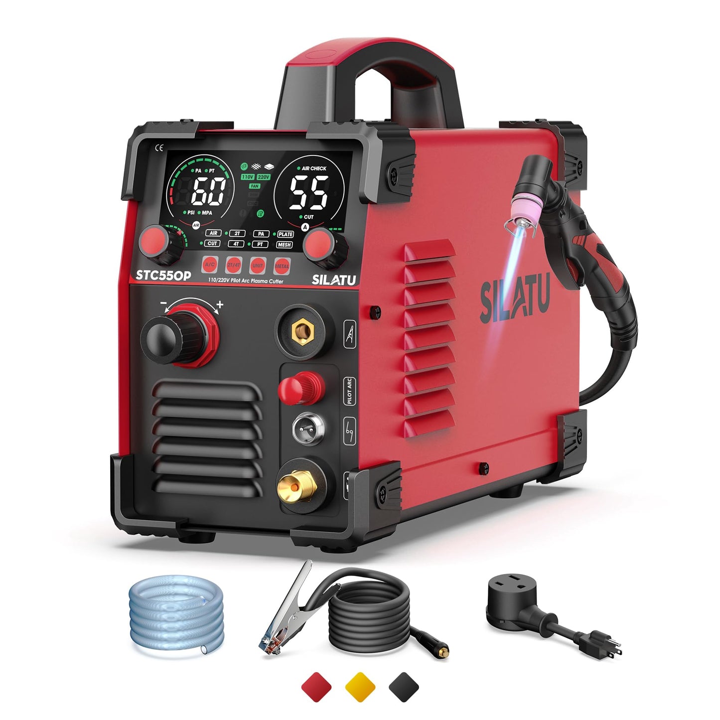 SILATU Plasma Cutter, STC550P 55Amps Pilot Arc Plasma Cutter Machine, 110/220V Dual Voltage LED Display Air Sensor, 9/16'' Clean Cut 7/10'' Max Cut, Mesh Cutting, PT/2T/4T for Beginners DIY (Red)