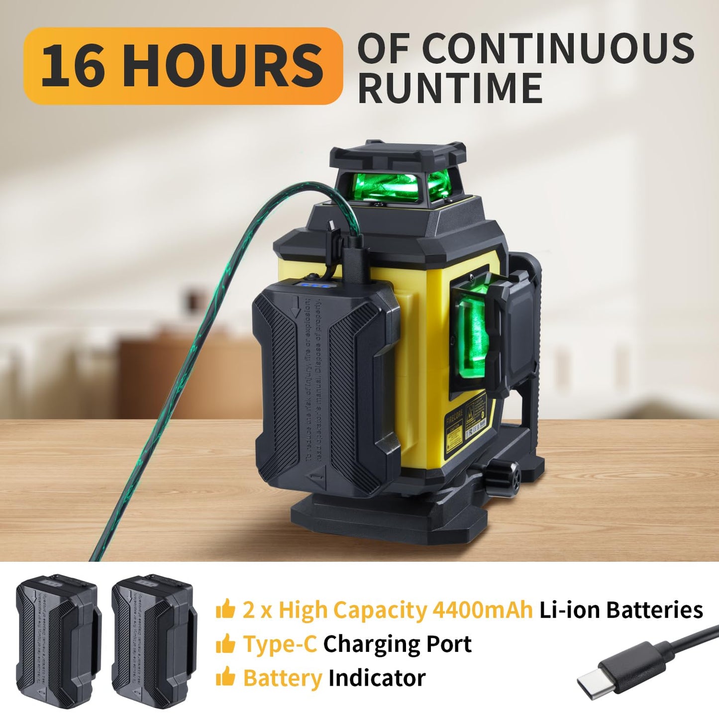 Firecore Laser Level 360 Self Leveling with 60" Tripod, 1/13" High Accuracy, Outdoor Pulse Mode to 197 Ft, Rechargeable Green Cross Line Lazer Leveler Tool for Construction, Home Renovation - F95T-XG