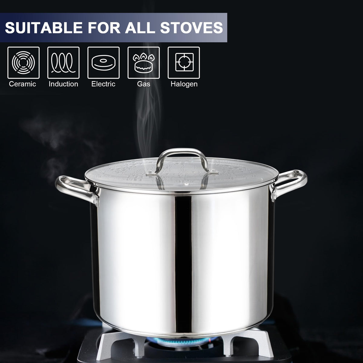 Stainless Steel Large Stock Pot, LIANYU 16 QT Heavy Duty Stockpot with Glass Lid, Deep Classic Soup Pot for Cooking Stewing Simmering, Thick Tri-ply Base & Stay-Cool Handle, Dishwasher Safe Cookware