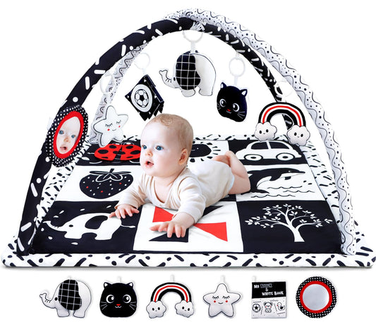 Poycuna Black and White Baby Gym Play Mat with 6 Toys Tummy Time Activity Mat for Babies 0-6 6-12 Months High Contrast Baby Gyms & Playmats Sensory Toys Newborn Brain Development Infant Play Mat