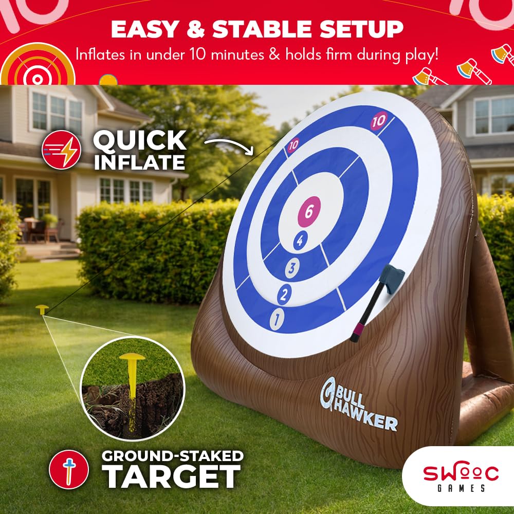 Swooc Games® - XL Bull Hawker™ | Giant Axe Darts (Over 8ft Tall) w/ 15+ Games | Axe Throwing Game for Backyard w/Air Pump | Outdoor Games for Adults and Family | Carnival Game | Throwing Yard Fun