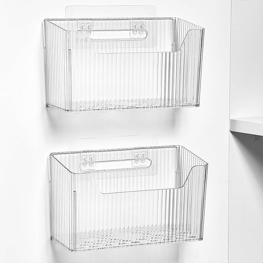Sinnsally 2 Pack Cabinet Door Organizer,Self Adhesive Lid Organizer Inside Cabinet Storage Boxes,Stackable Hanging Basket Bins Wall Mounted Shower Caddy Holder for Kitchen,Bathroom,Pantry(Clear White)