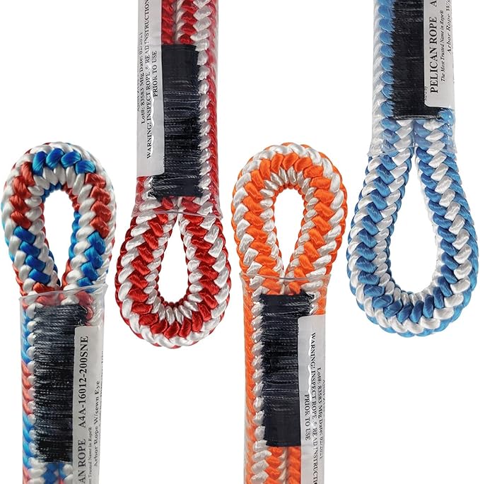 Pelican Rope 16-Strand 1/2 in (12.7 mm) Arborist-16™ Arborist Rope - 7000 lb MBS - Static Climbing Rope - Rescue Operations - High Visibility - 150 ft - Sewn Eye - Red White Blue - Made in The USA