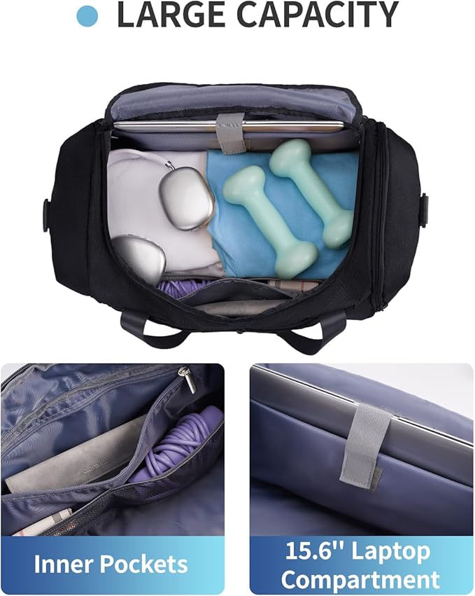 Sportsnew Gym Bag for Men Women with Shoe Compartment Wet Pocket,Yoga Bag with Yoga Mat Holder,Duffel Bag for Travel with Laptop Compartment,Weekender Overnight Carry On Bag(Black Patent Pending)