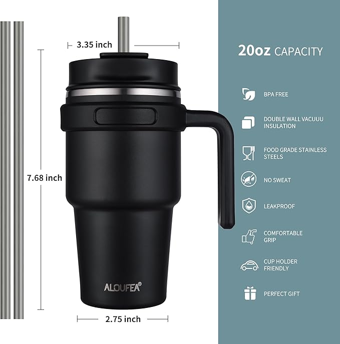 20 oz Insulated Coffee Mug Tumbler with Handle, Stainless Steel Travel Mug Tumbler with Lid and Straw,Double Wall Vacuum Leak Proof Ice Coffee Thermal Cup, Dark Rainbow/Indigo Black