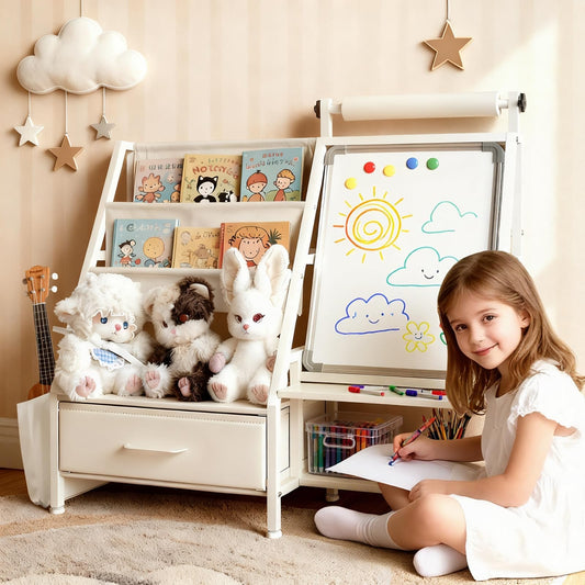 Faesun 4-in-1 Art Easel for Toddlers with Bookshelf and Toy Organizer, Kids Drawing Easel with Paper Roll & Magnetic Whiteboard, Birthday Gift for Ages 2–8, Boys & Girls