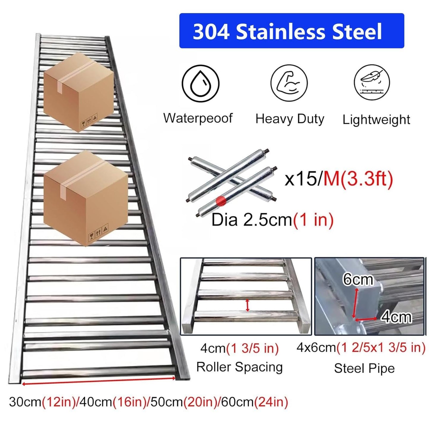 Heavy-Duty Portable Roller Conveyor Table, 30/40/50/60cm Wide, 330lbs Stainless Steel Frame, Foldable Flow Rail Rollers for Warehouse Freight Handling & Assembly Line (W 30cm, 2m/6.5ft)