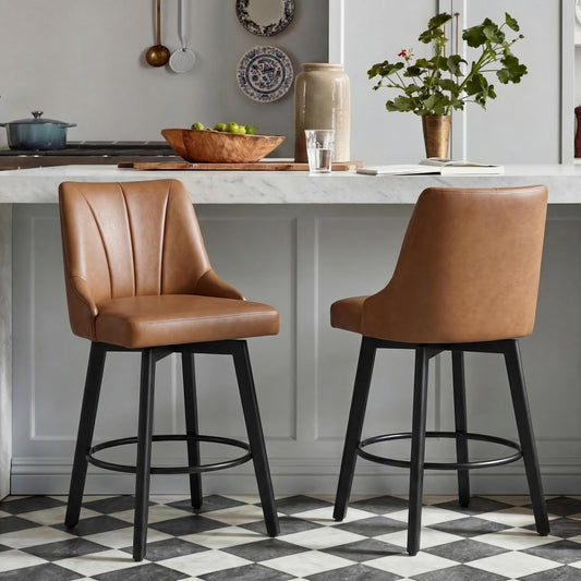 24" Counter Height Bar Stools Set of 2, Swivel Bar Stools with Backs, Faux Leather Upholstered Counter Barstools with Solid Wood Legs for Kitchen Island,Brown