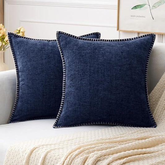 MIULEE Pack of 2 Euro Sham Pillow Covers 24x24 Inch Navy Blue Farmhouse Decorative Throw Pillow Covers with Stitched Edge Soft Chenille Solid Dyed Pillow Covers for Bed Sofa Couch Living Room