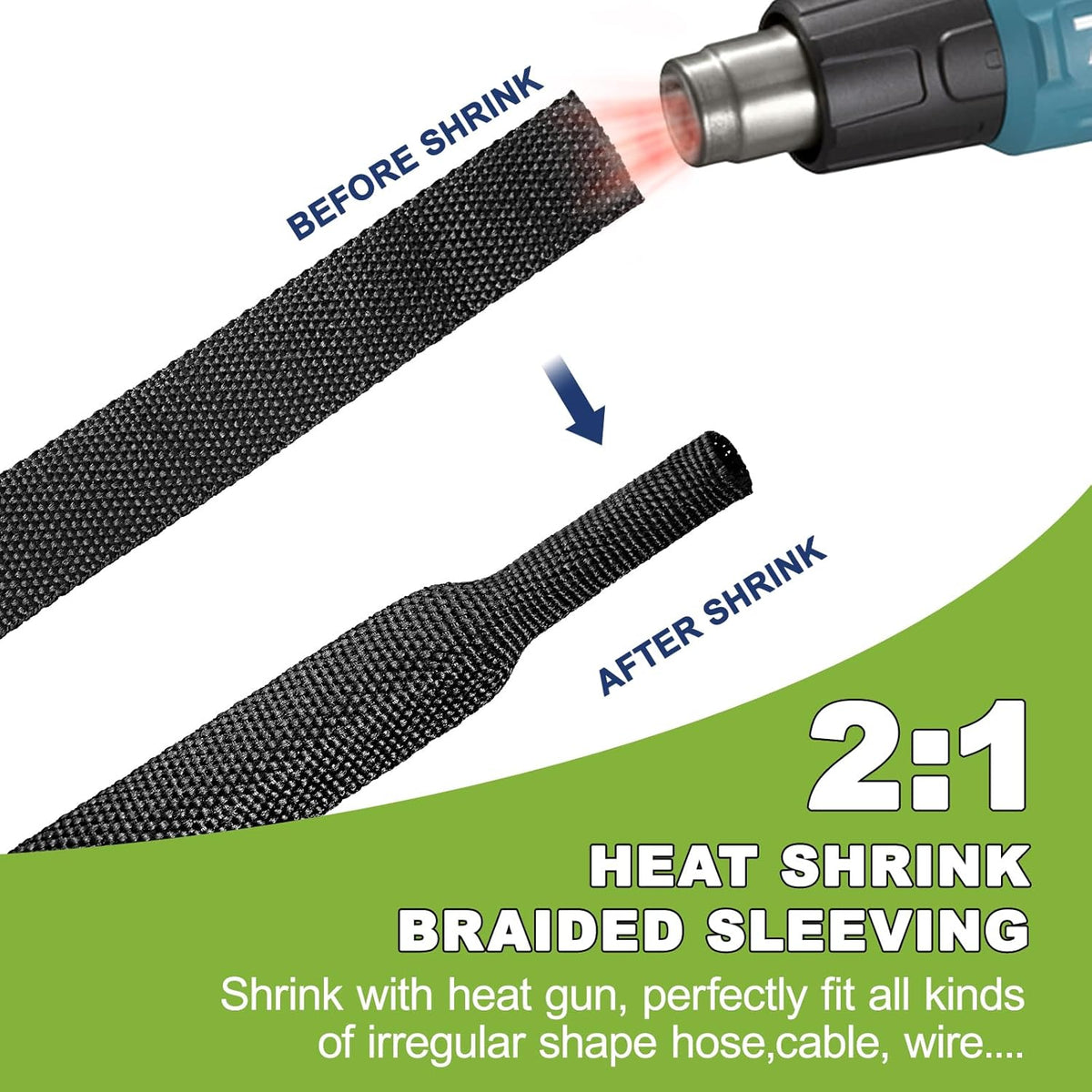 Tsmhisd 2:1Heat (1/2"-12ft) Shrink Wire Loom Braided Cable Sleeves,Heat Resistant Fabric Woven Shrink Tubing Wiring