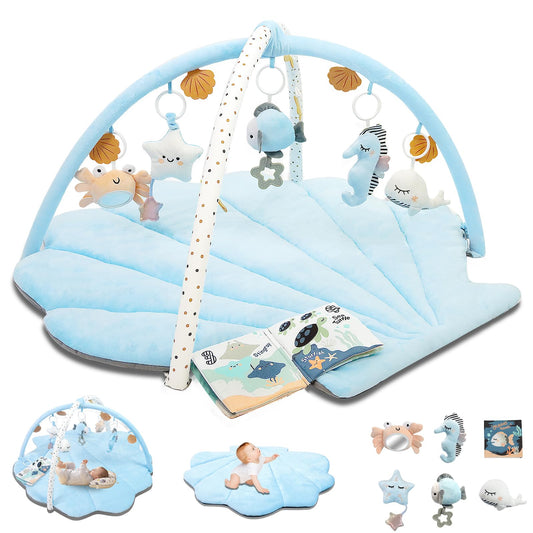 Baby Play Gym Mat, Oversize Tummy Time Activity Mat for Babies 0-6 Months, Shells Baby Play Mat with 6 Detachable Toys, Baby Essentials Mat for Floor Sensory Exploration Motor Skill Development (Blue)