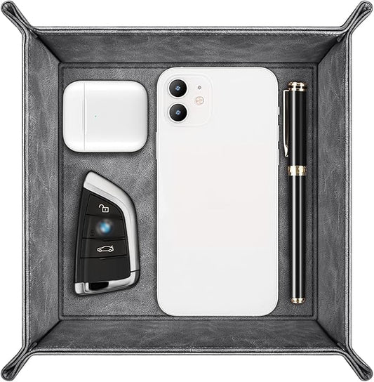 SITHON Valet Tray Desktop Storage Organizer – Premium PU Leather Catchall Bedside Vanity Tray Nightstand Caddy Holder for Remote Controller, Keys, Phone, Wallet, Coin, Jewelry (Gray)