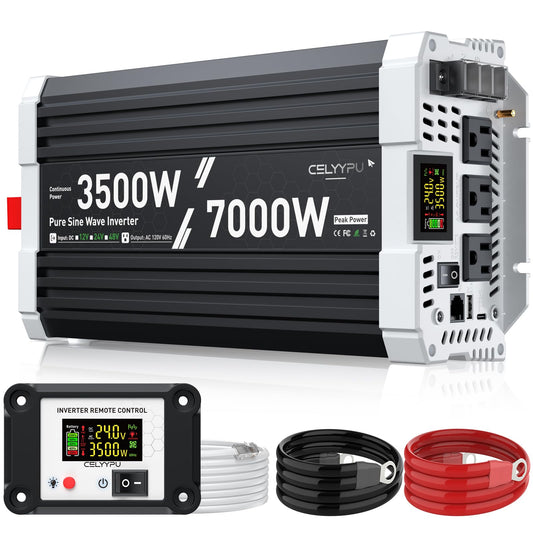 3500 watt Pure sine Wave Inverter, 24V DC to 110V AC Power Inverter, Used for Solar Emergency Power Supply in RV Homes, with 3 AC Output sockets, USB Port, Type-C Port, Remote Control with LCD Screen