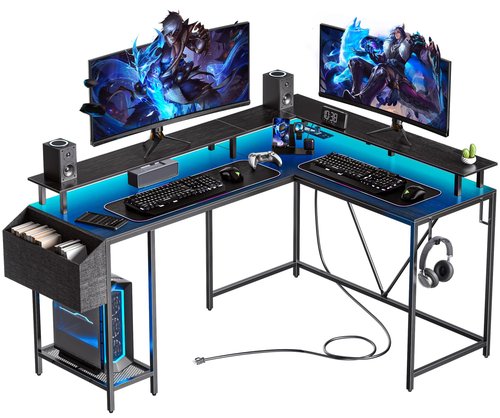 Eivanet L Shaped Gaming Desk with Power Outlets and LED Lights, 53 inch Cornor Computer Desk with Storage Shelves, Gamer Desk with Storage Bag and Hooks Home Office Table for Bedroom Living Room Black