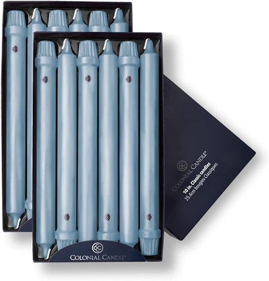 Colonial Candle Unscented Taper Candle, Classic Collection, Coastal Blue, 10 in, Pack of 12 - Up to 8 Hours Burn