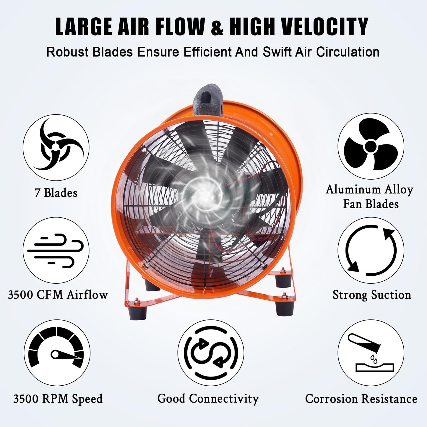 12 in Utility Blower Exhaust Fan with 32.8 ft Duct, 3500 r/min & 3500 CFM Heavy Duty Blower Fan, High Velocity Low Noise Extraction and Ventilation Fan for Ventilating Workshops, Confined Space